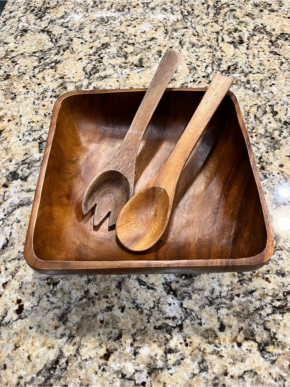 Wooden Square Salad Bowl with Serving Spoon and Fork - Brown